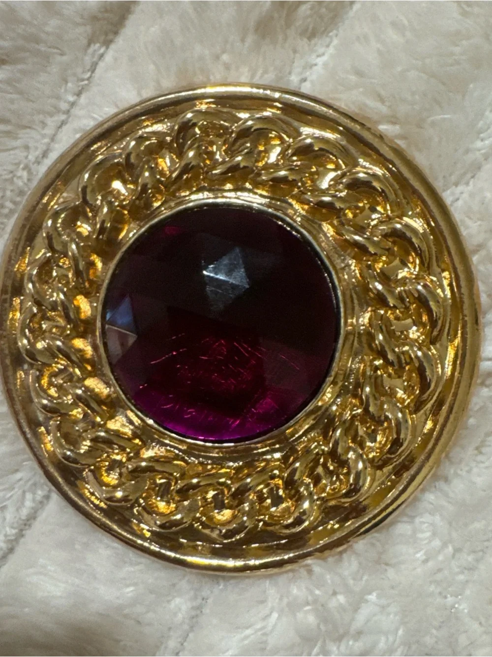 Vintage 80s Charmant Belt Buckle Gold Tone Ornate Purple Faceted Stone Statement